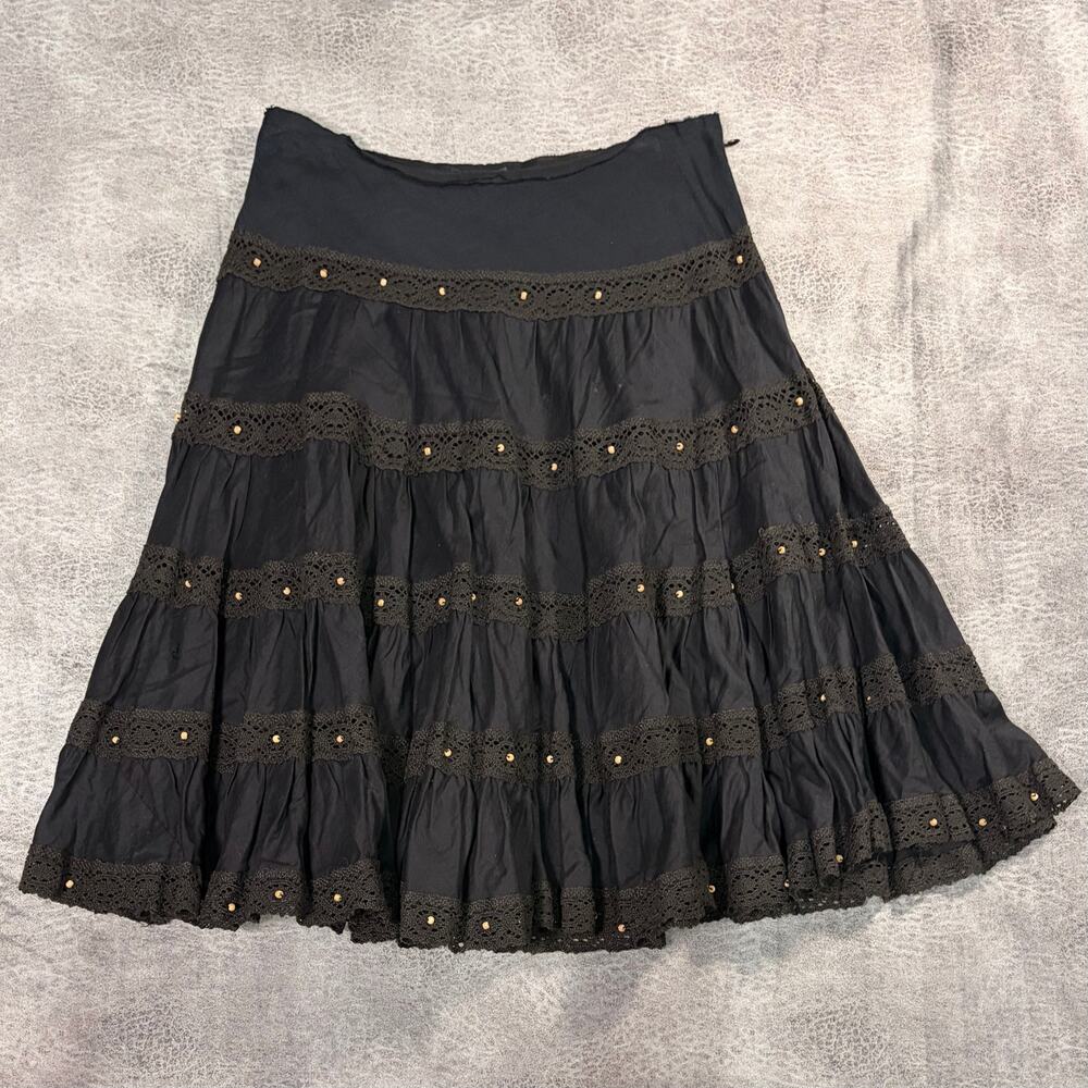Black Embellished Tiered Embroidered Skirt